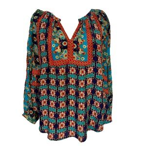 Tolani Top XS Silk Floral Blue Peasant Gypsy Boho V-Neck Flowy Long Sleeve